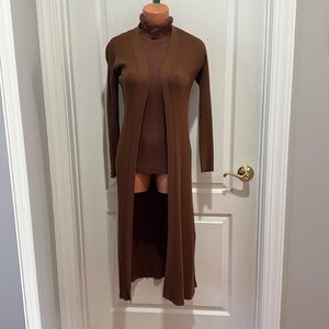 WHBM 2p Sweater Set Sleeveless Turtleneck L/S Duster Whiskey Brown SP PS $178